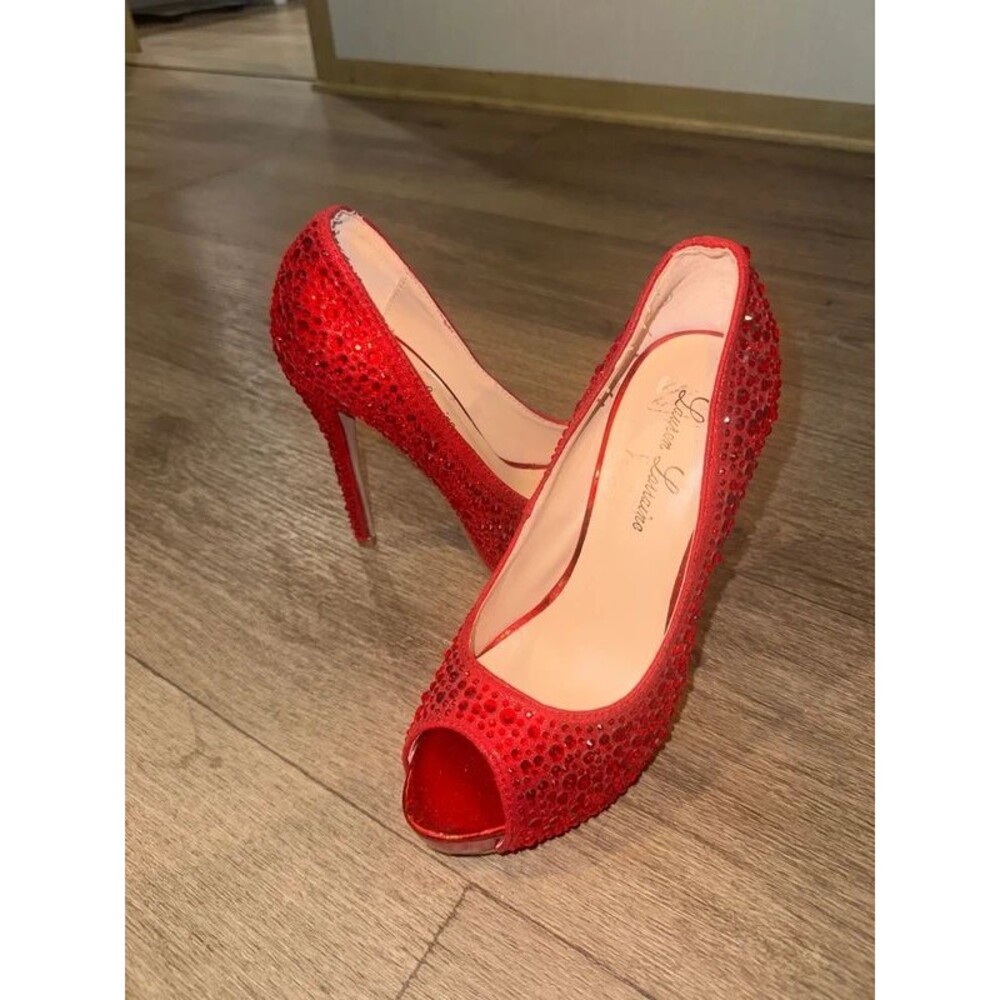 Lauren Lorraine "Candy" Red Rhinestone Peep Toe Platform Heels - 7.5